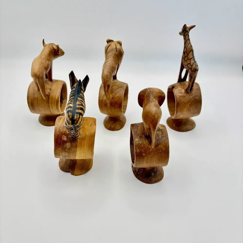 Vintage Set of 5 Hand Carved African Safari Animal Wooden Napkin Rings Footed